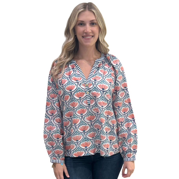 The Chandler Block Printed Floral Top in Orange and Green