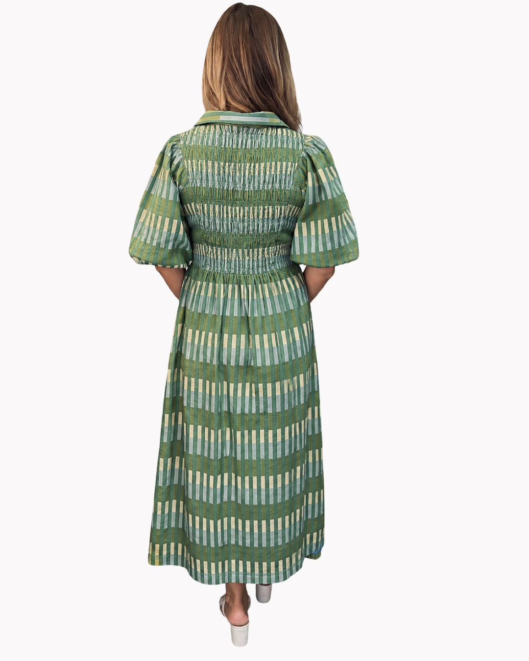 The Joanie Smocked Dress in Army Green Plaid