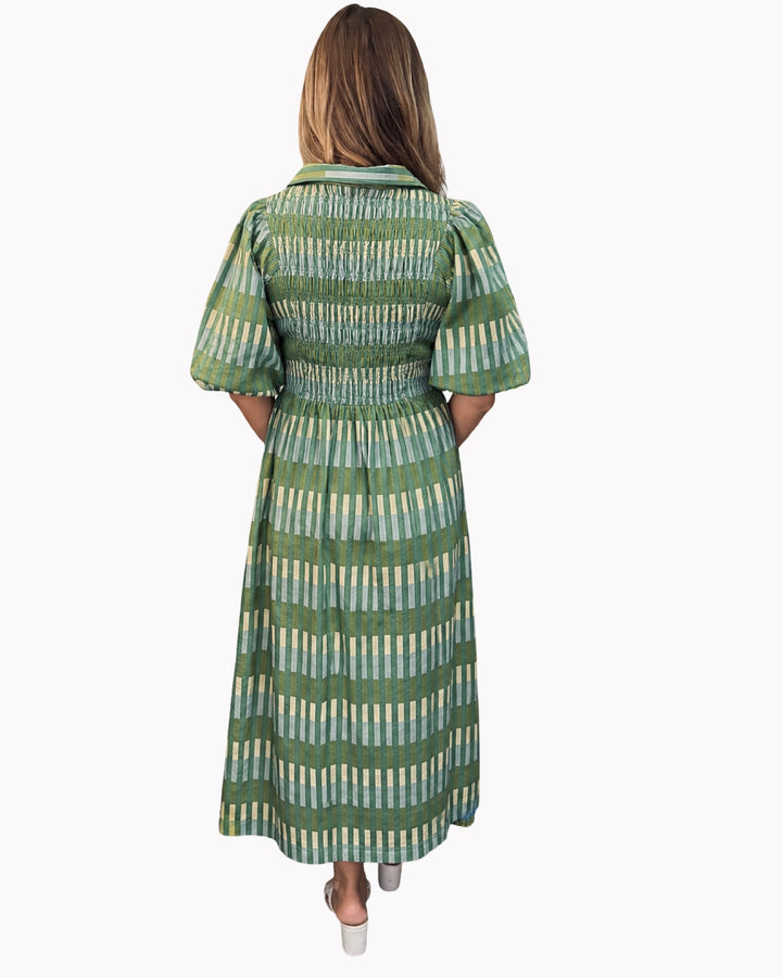 The Joanie Smocked Dress in Army Green Plaid