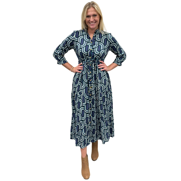 The Hamilton Tie Front Long Dress in Blue Green Geometric