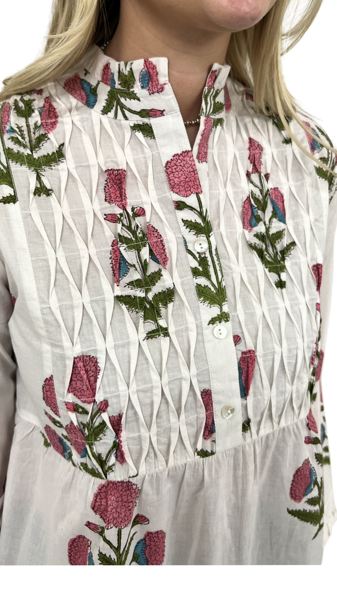 The Veronica Smocked Button Front Top in Hand-Blocked Cotton Floral — view 3