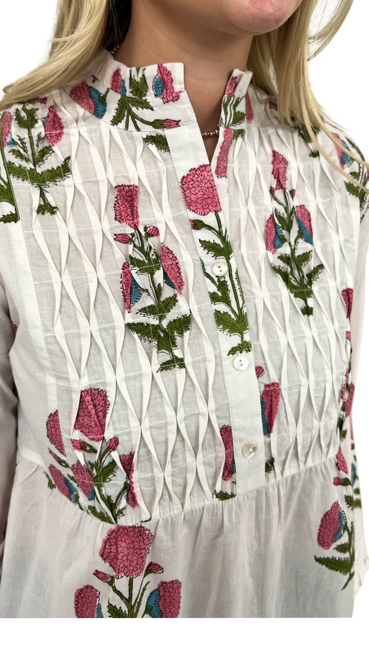 The Veronica Smocked Button Front Top in Hand-Blocked Cotton Floral — view 3