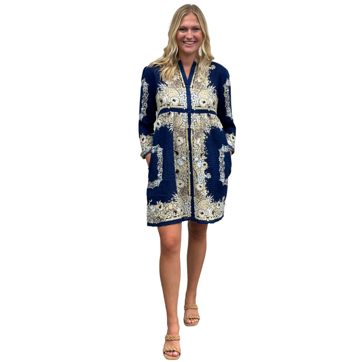 The Addison Border Print Dress in Navy and Beige — view 5
