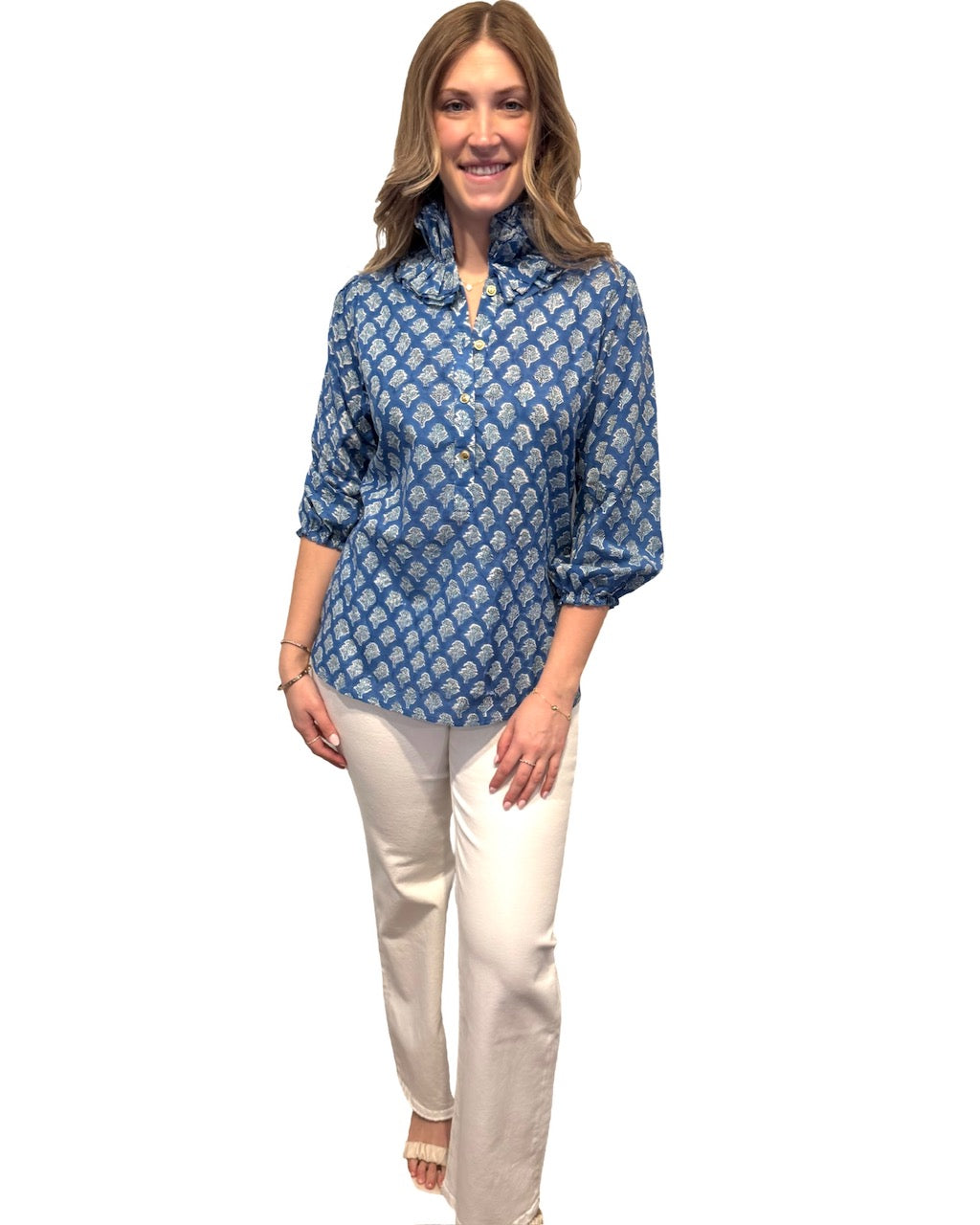 The Maria Ruffle Neck Blouse in Blue and Mint Floral — view 4