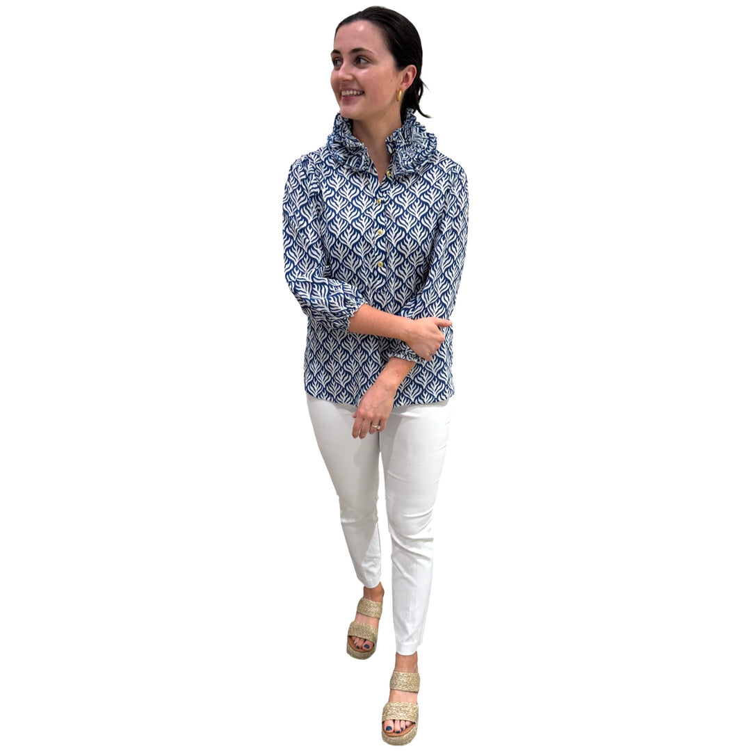 The Maria Ruffle Neck Blouse in Blue and White — view 4