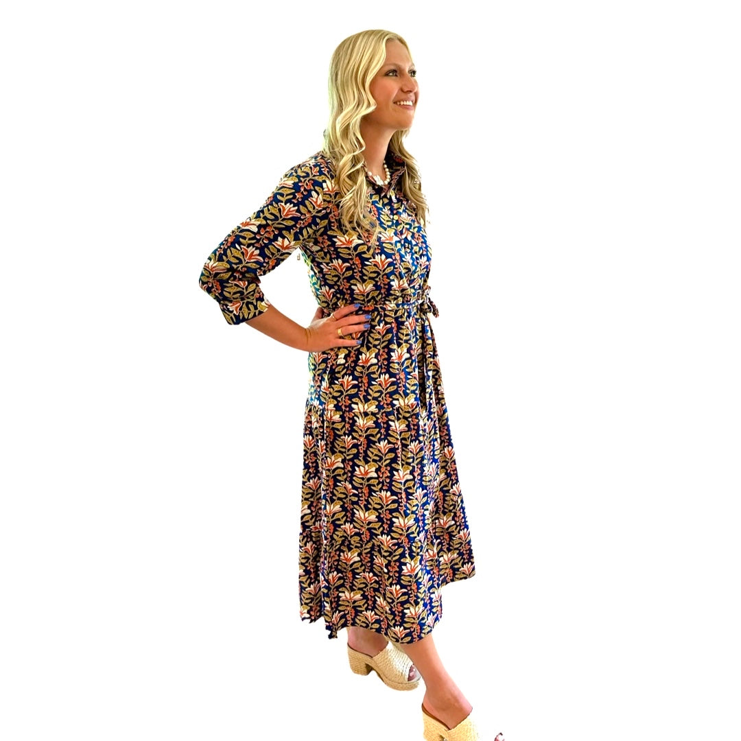 The Remington Cotton Block Print Dress in Blue Hand-Block Printed Floral — view 4