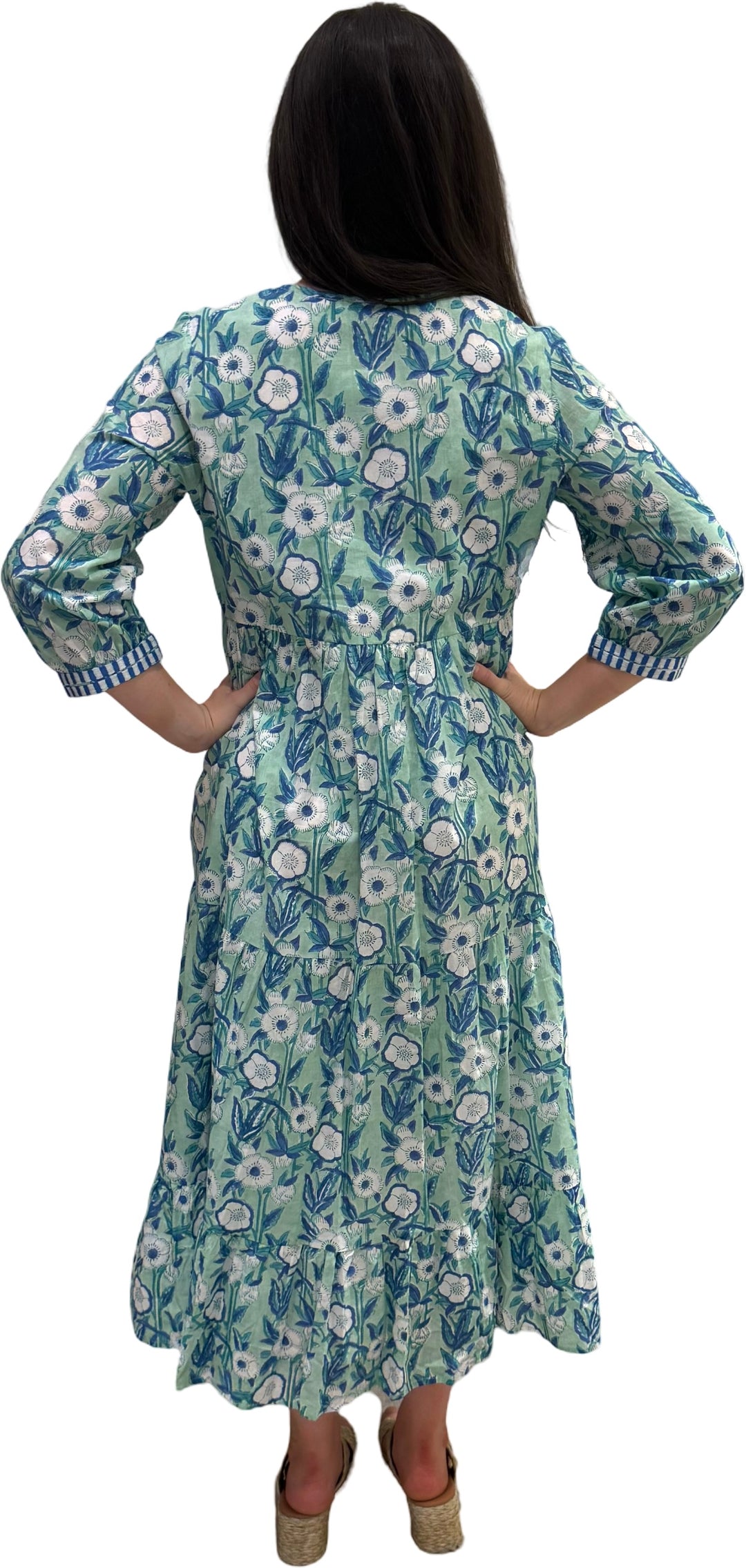 The Daniella Emboidered Trim Dress in Aqua Blue Hand Block Printed Floral — view 6
