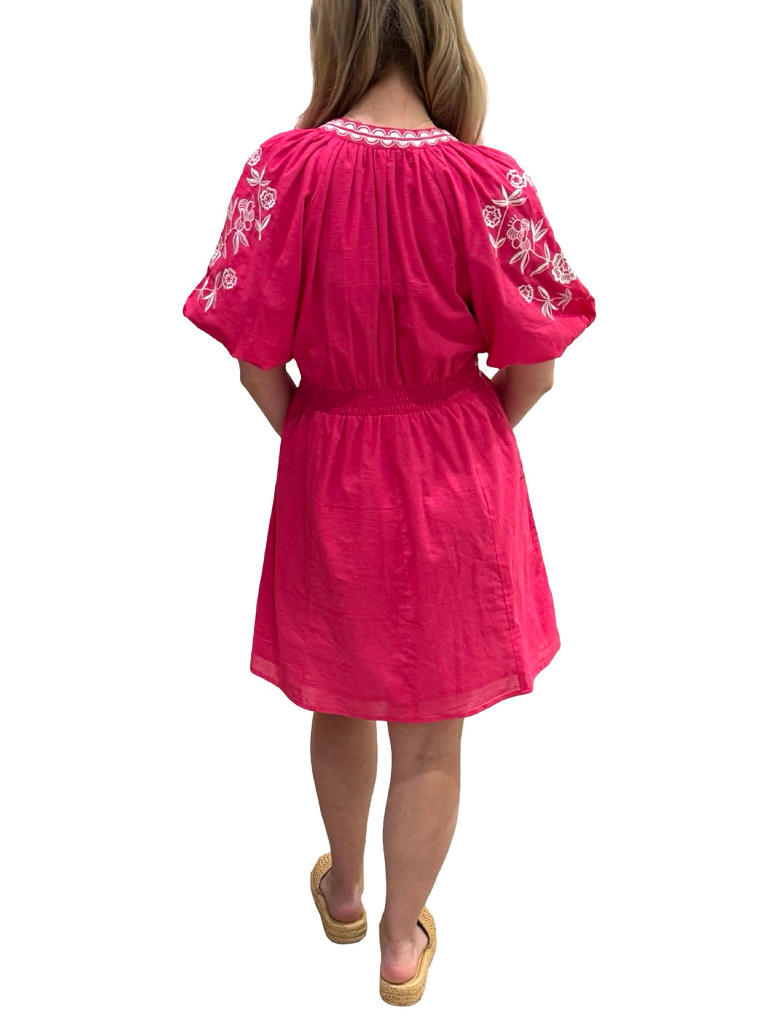 The Gabby Short Cotton Embroidered Dress in Hot Pink and White