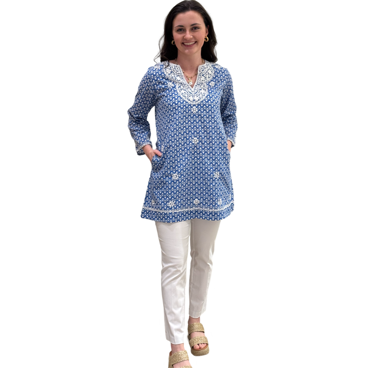 The Key Largo Tunic in Blue and White Petite Floral Hand Blocked — view 4