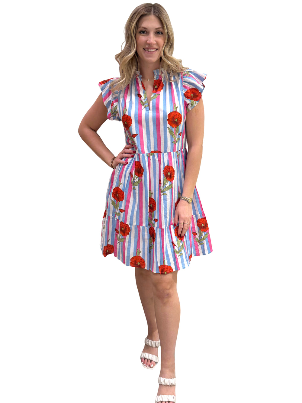 The Tinley Cotton Hand Block Printed Striped Dress in Pink Blue Floral — view 2