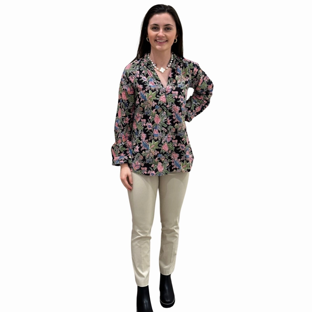 The Embry Cotton Block Print Floral Button Front Top in Midnight Floral