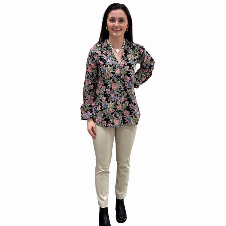 The Embry Cotton Block Print Floral Button Front Top in Midnight Floral