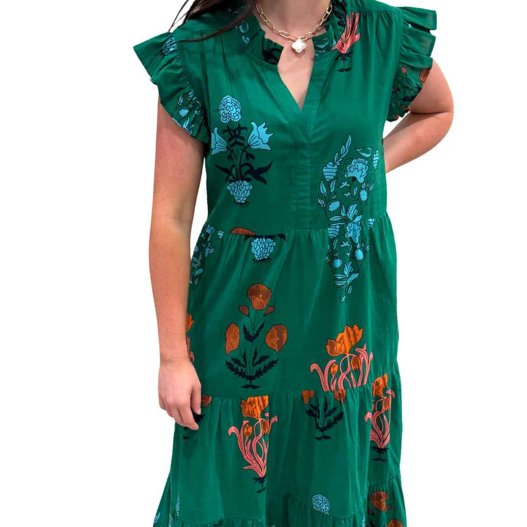 The Campbell Flutter Sleeve Dress in Emerald Green Floral — view 4