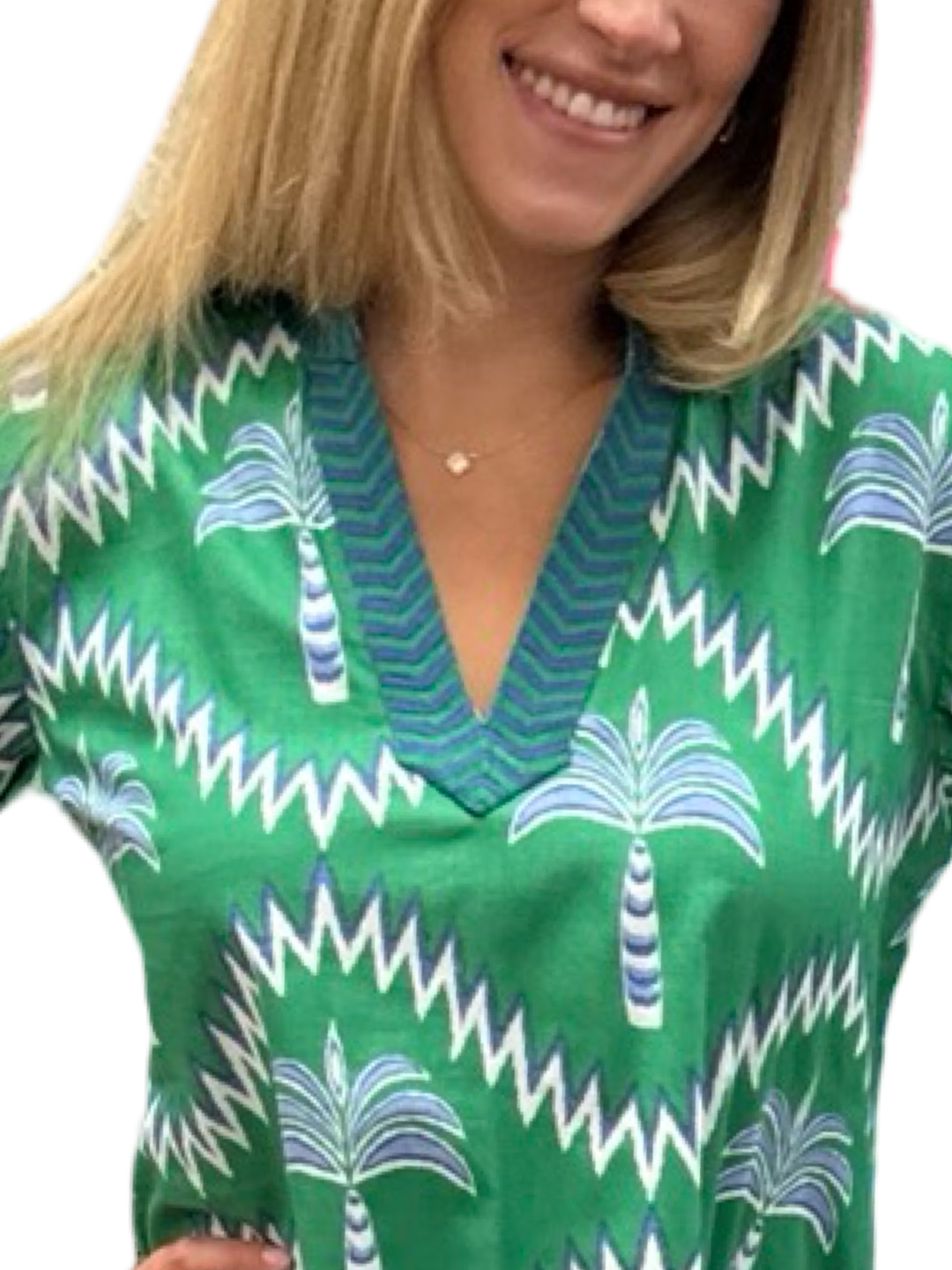 The Winslow Embroidered Trim Tunic in Green Navy Palm Print — view 5