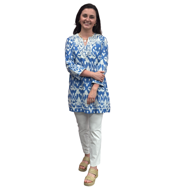 The Key Largo Embroidered Tunic in Blue and White Ikat — view 4