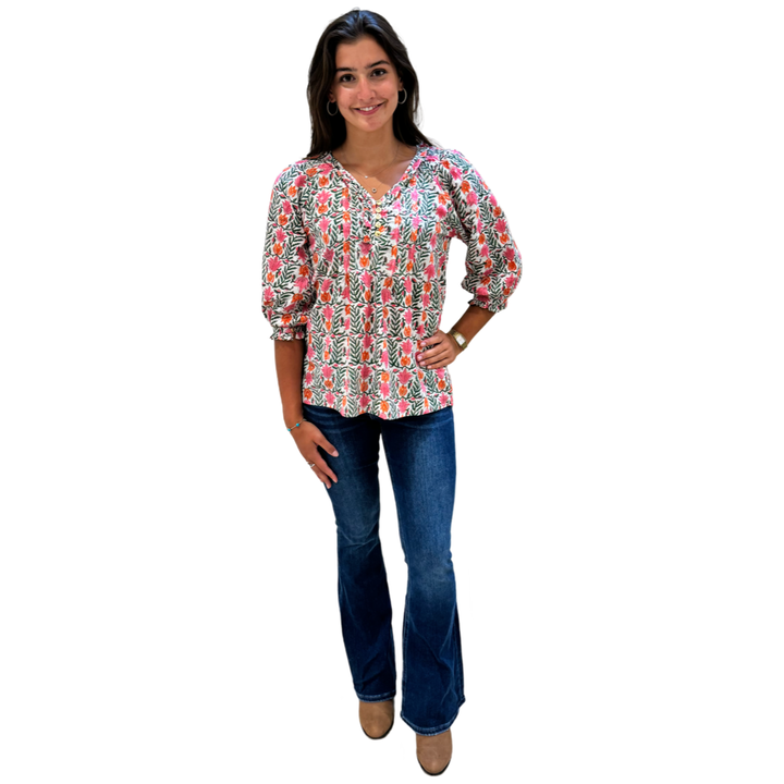 The Izzy Button Front Top in Coral Green Hand-Blocked Cotton — view 2