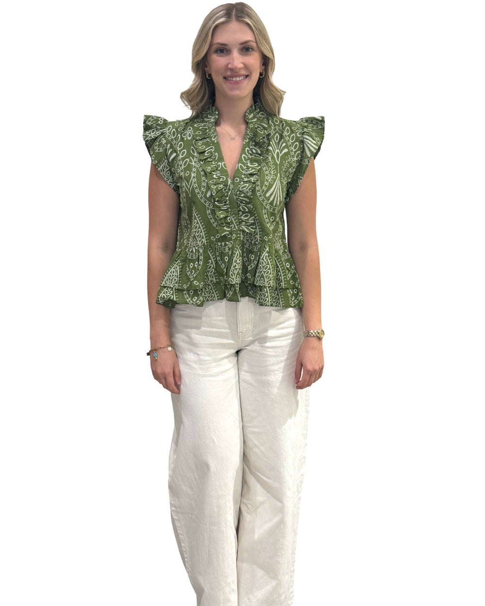 The Bella Ruffle Top in Army Green — view 2
