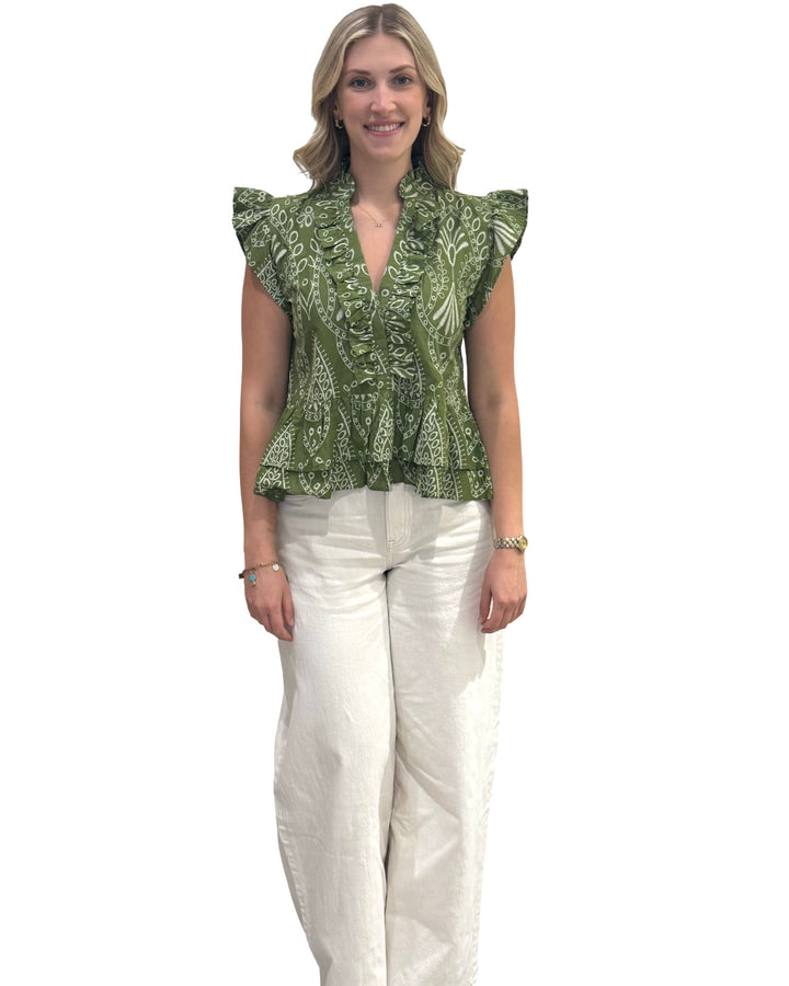 The Bella Ruffle Top in Army Green — view 2