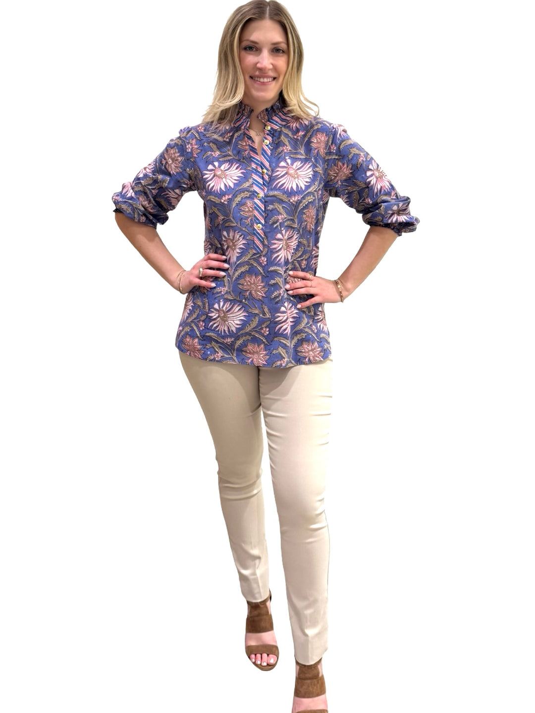 The Tricia Ruffle Trim Hand Block Printed Top in Purple Floral