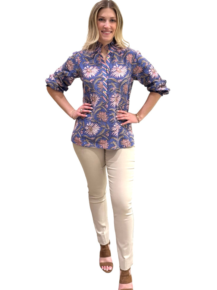 The Tricia Ruffle Trim Hand Block Printed Top in Purple Floral