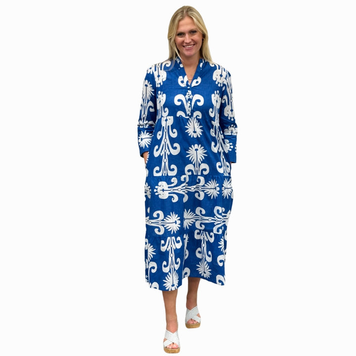 The Addison Dress in Blue White With Self Covered Button Placket — view 4