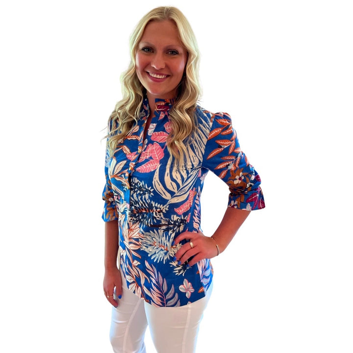 The Eleanor Button Placket Top in Brilliant Blue Floral — view 5