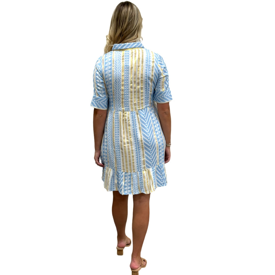 The Reagan Collared Button Front Short Sleeve Dress in Blue Gold Jacquard — view 7