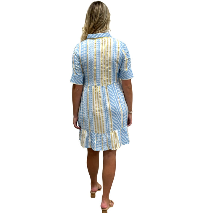 The Reagan Collared Button Front Short Sleeve Dress in Blue Gold Jacquard — view 7