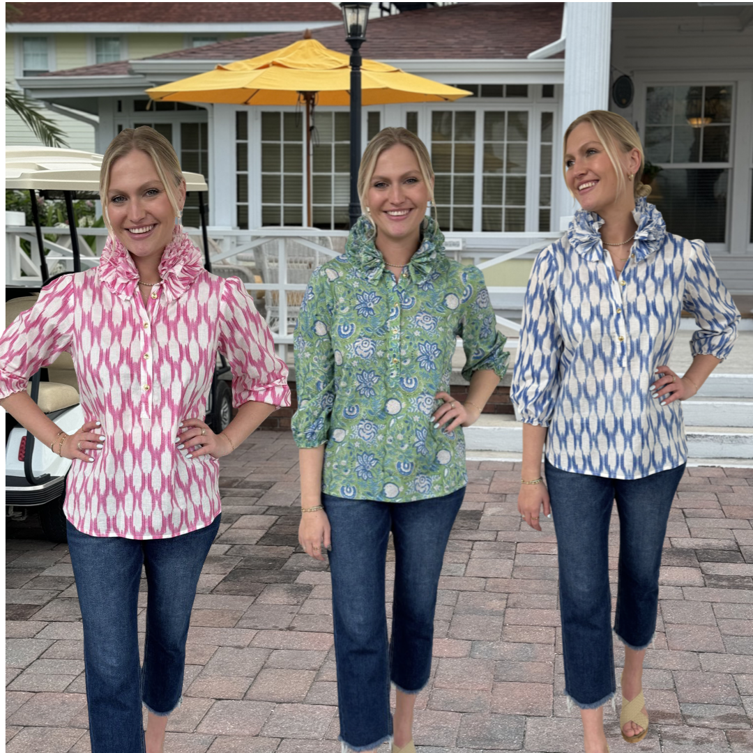 The Maria Ruffle Neck Cotton Top in Celery Floral Hand Block — view 6