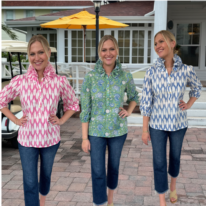 The Maria Ruffle Neck Cotton Top in Celery Floral Hand Block — view 6