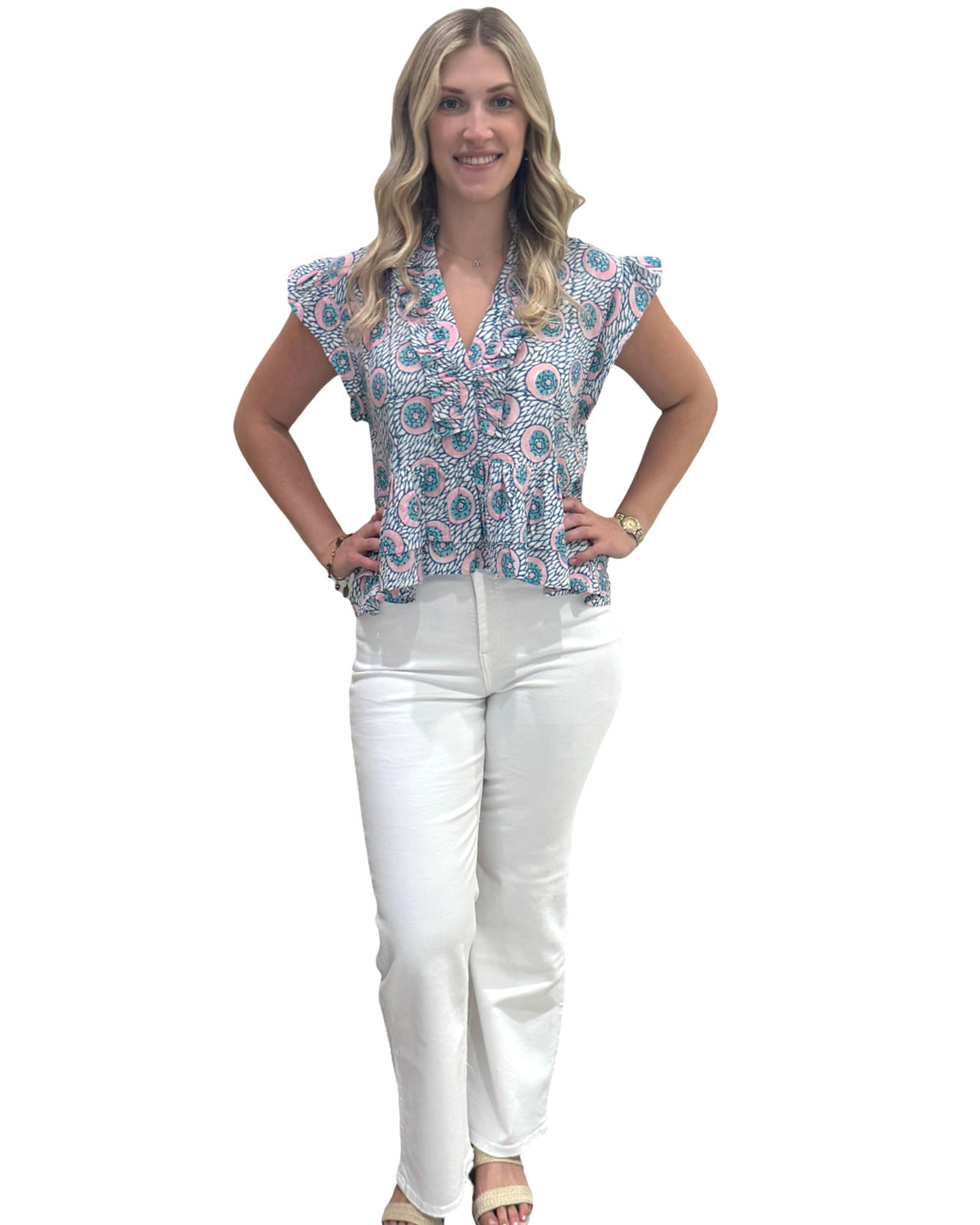 The Bella Ruffle Trim Top in Aqua Pink Hand Block — view 3