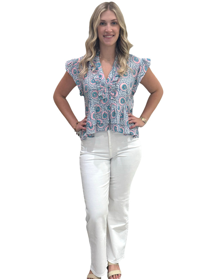 The Bella Ruffle Trim Top in Aqua Pink Hand Block — view 3