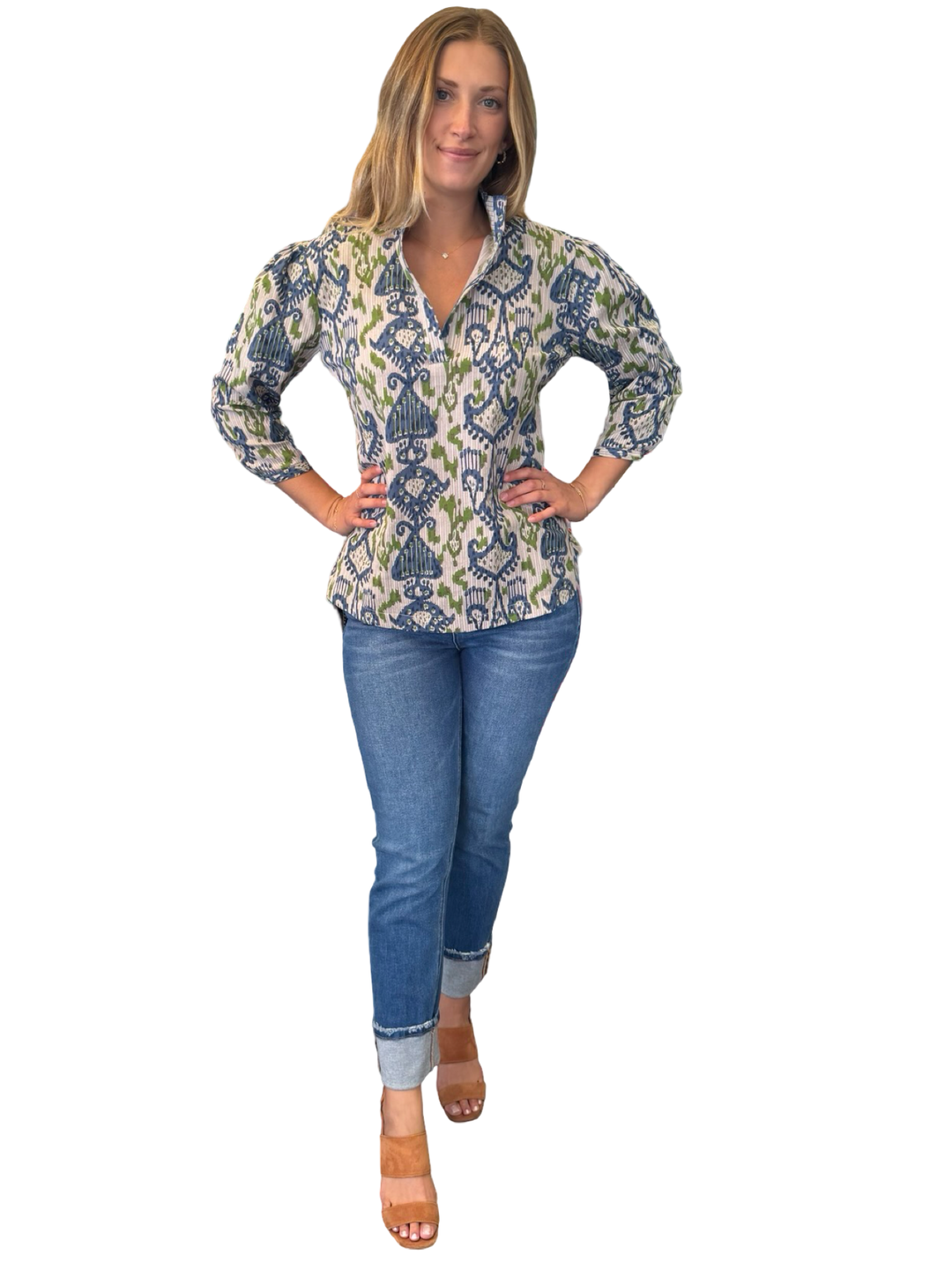 The Shipley Top in Green Blue Ikat Cotton