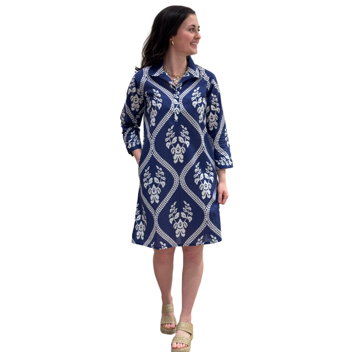 The Lisette Cotton Easy Fit Dress in Violet Blue and White — view 6