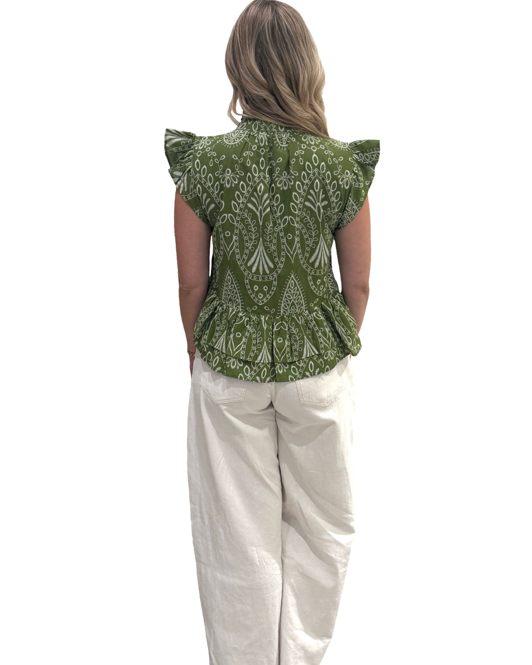 The Bella Ruffle Top in Army Green — view 5