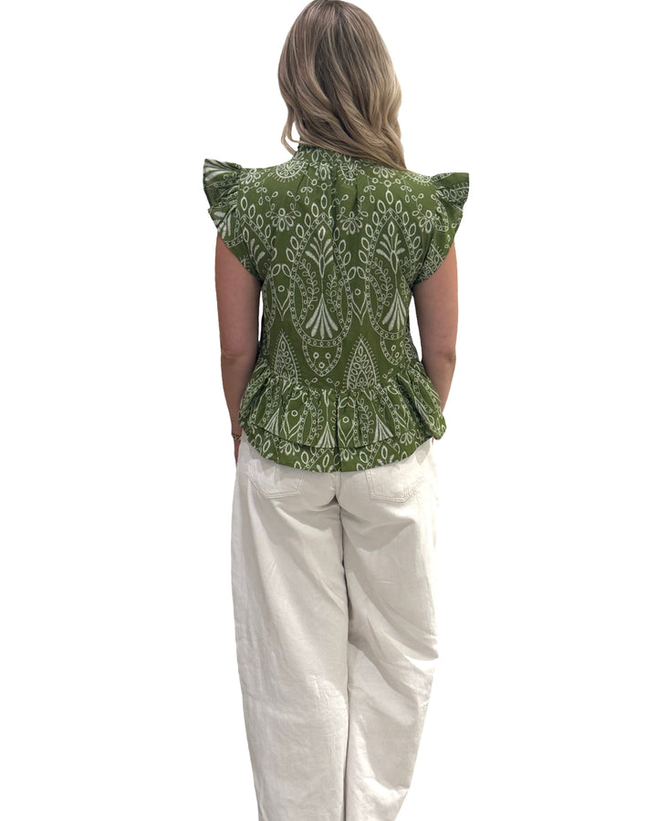 The Bella Ruffle Top in Army Green — view 5