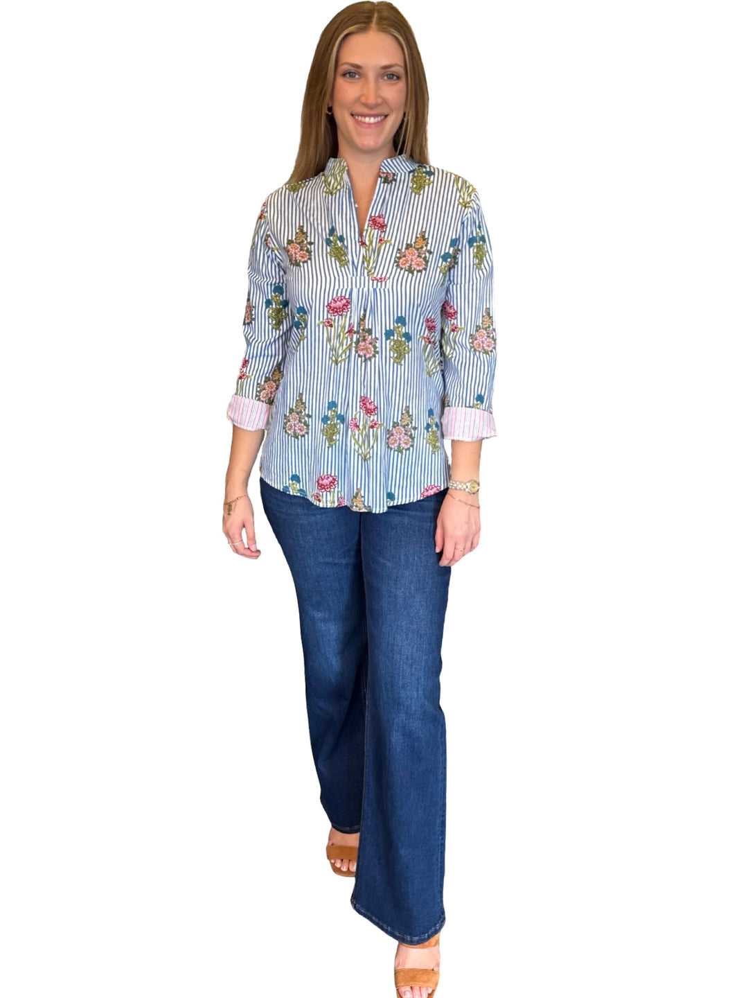 The Eloise Cotton Hand Block Printed Top in Blue Striped Floral
