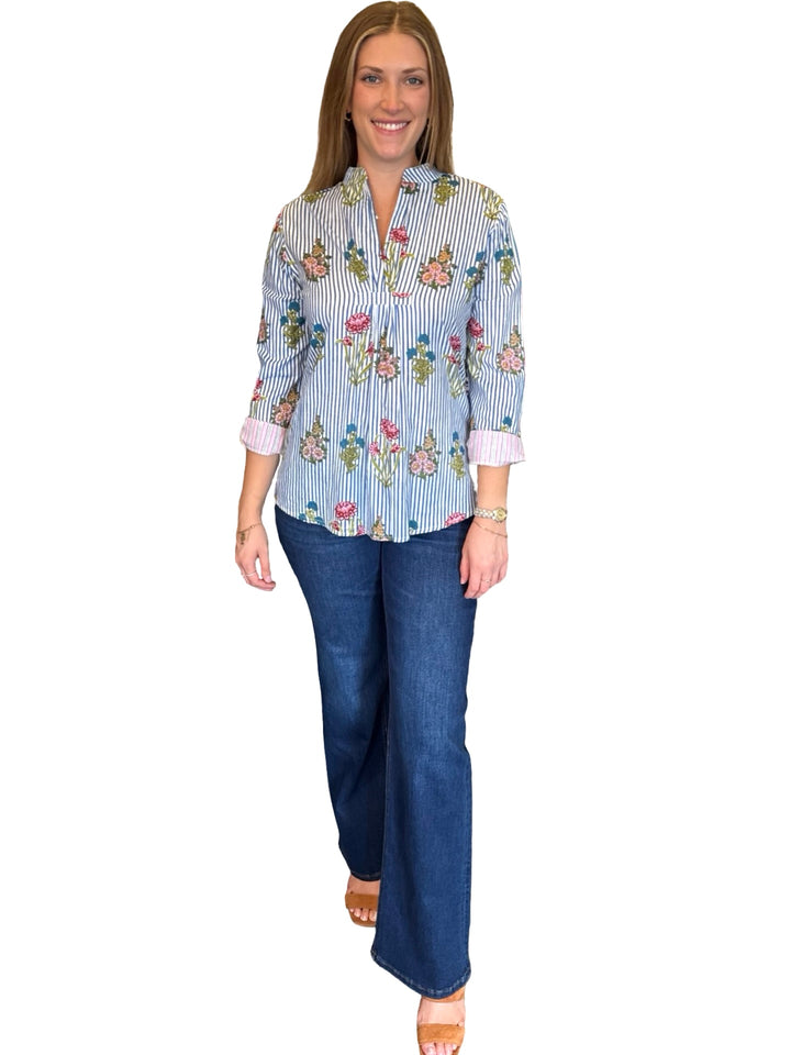The Eloise Cotton Hand Block Printed Top in Blue Striped Floral