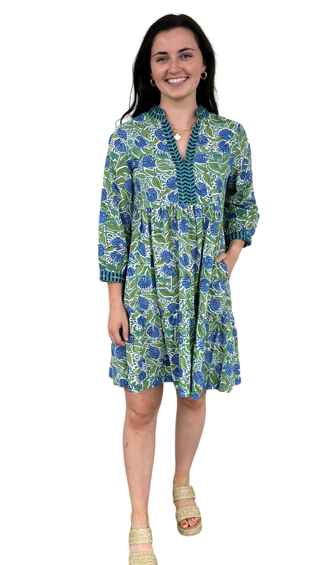 The Naomi Hand Block Printed Embroidered Trim Floral Dress in Green and Blue — view 3