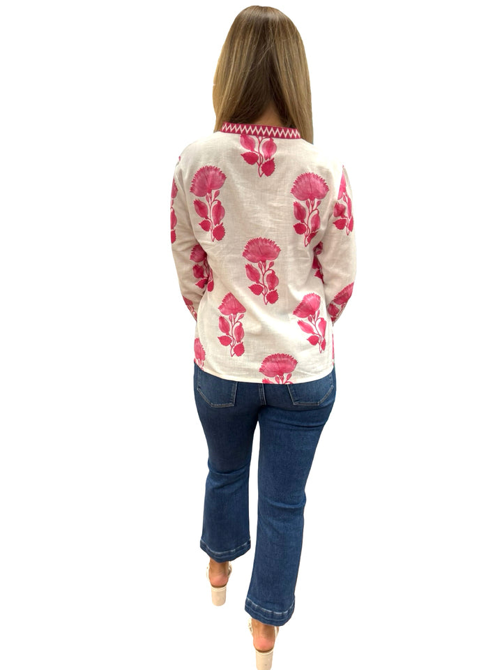 The Kelsea Embroidered Trim Top in Pink White Block Printed Lotus Floral — view 6