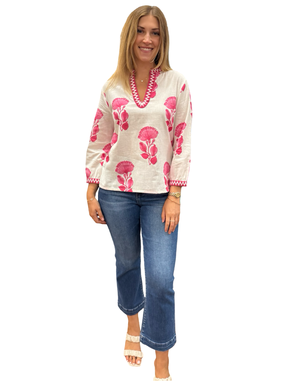 The Kelsea Embroidered Trim Top in Pink White Block Printed Lotus Floral — view 3