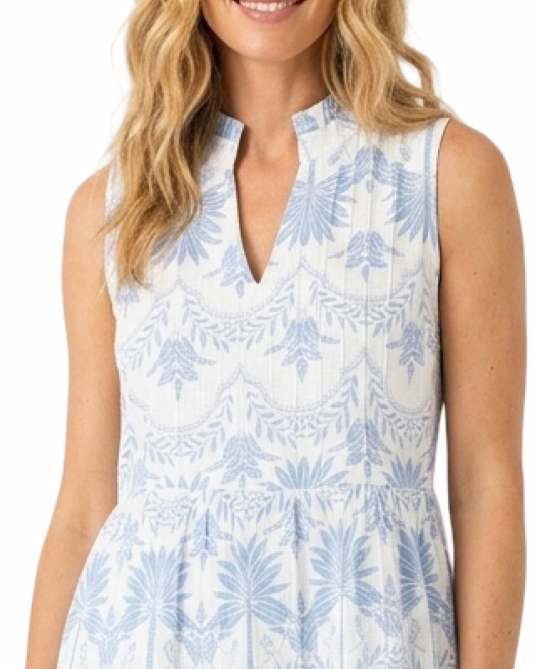 The Bennett Sleeveless Cotton Dress in Blue Palm Print — view 2