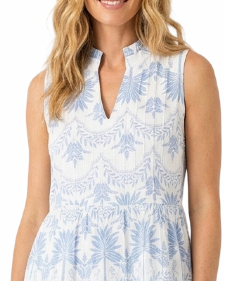 The Bennett Sleeveless Cotton Dress in Blue Palm Print — view 2