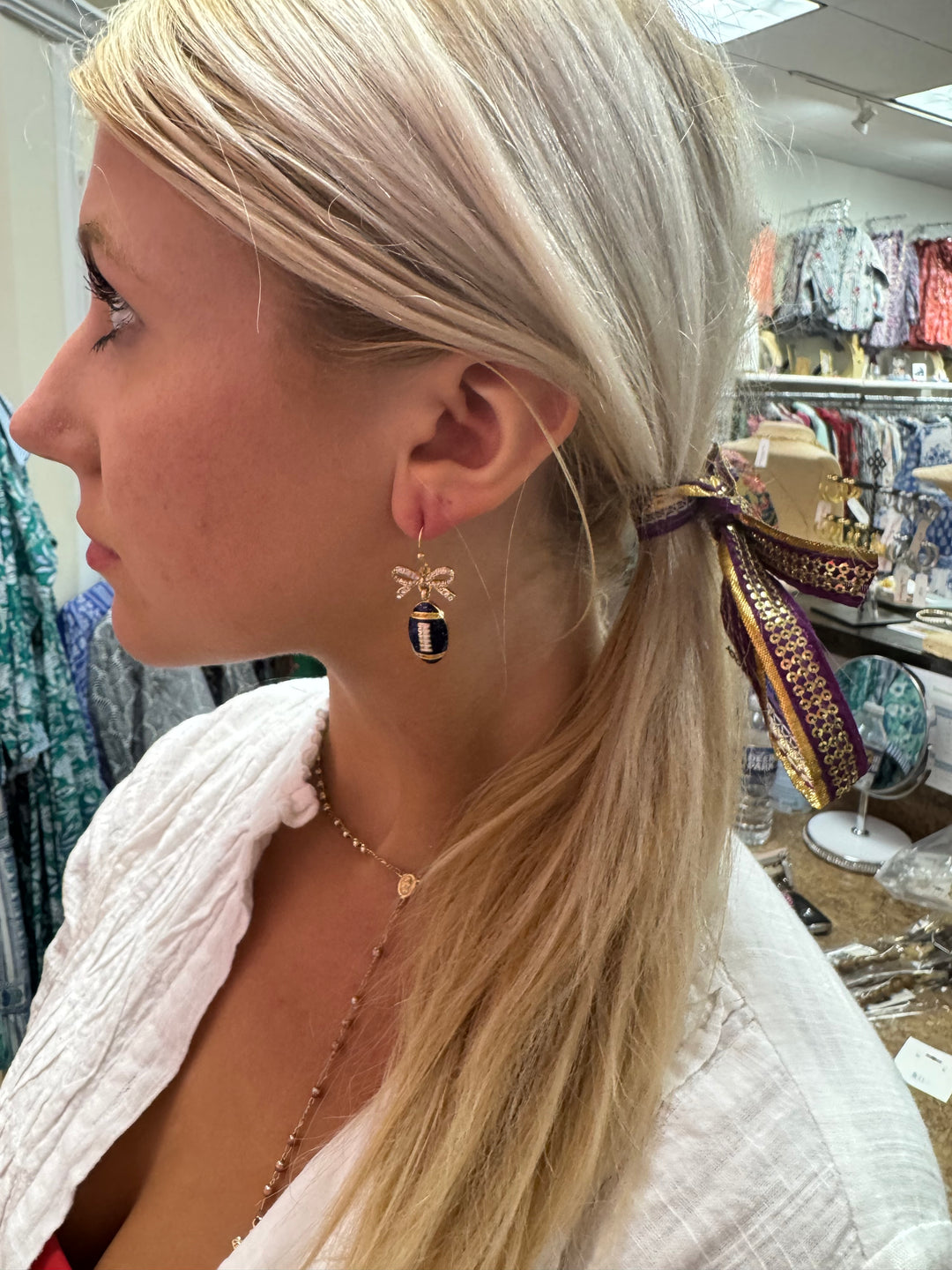 Purple Football Bow Drop Earring — view 3