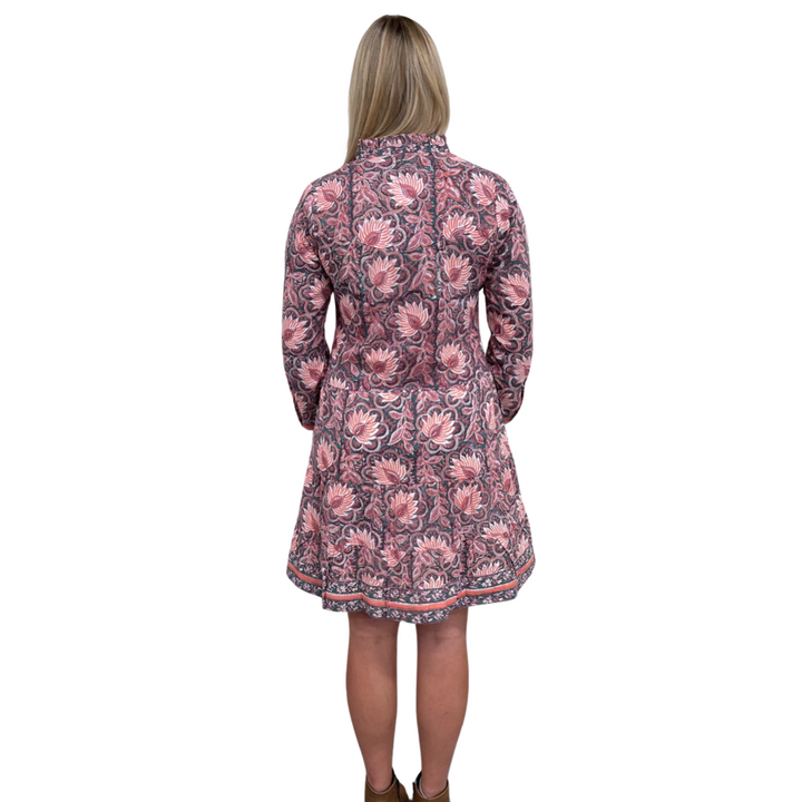 The Lacey Button Front Block Print Dress in Orange Green Floral — view 5
