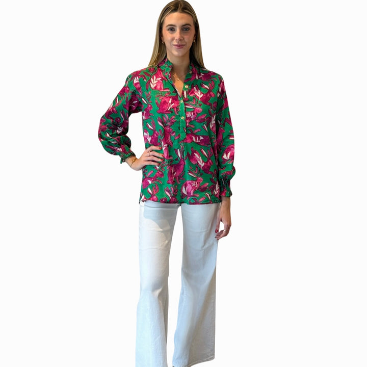 The Callaway Button Front Blouse in Jade Green and Pink Bunny Print — view 3