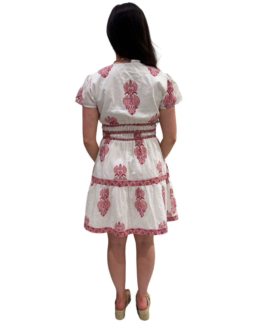 The Sydney Short Sleeve Hand Block Printed Dress in White Peach Pink Print — view 7