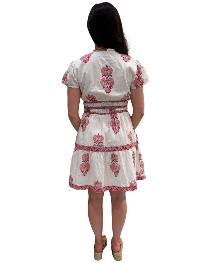 The Sydney Short Sleeve Hand Block Printed Dress in White Peach Pink Print — view 7