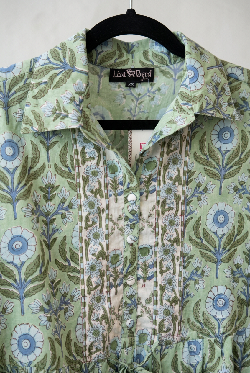 The Hamilton Tie Front Dress in Green and Blue Handblock Printed Floral