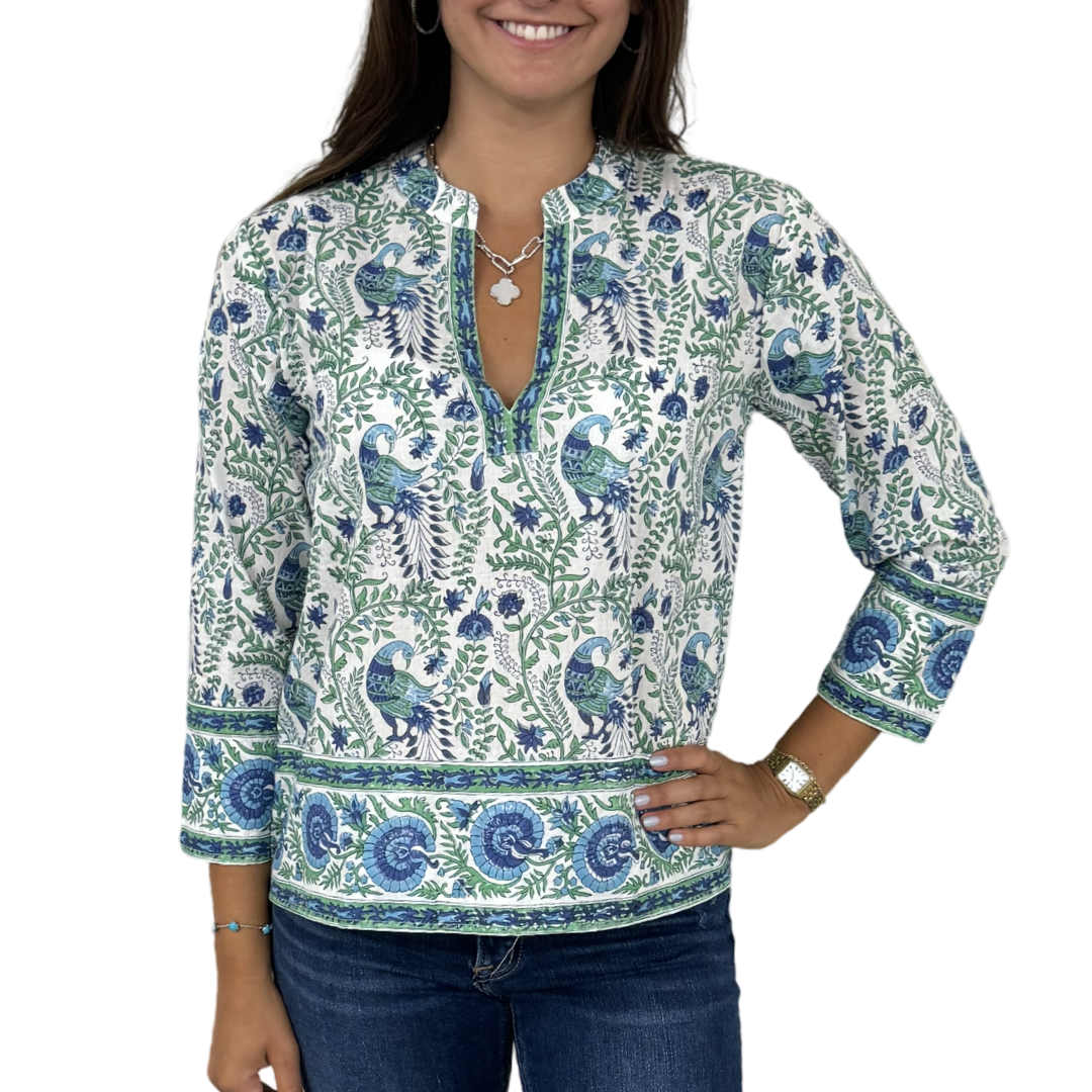 The Kelsea Cotton Hand Block Peacock Print Top in Blue Green — view 3